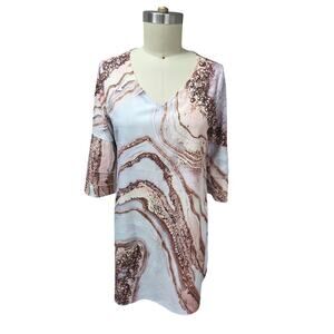 Brown Marble or Geode Print Dress — 3-Tier Trumpet Sleeve, Size L, NWT